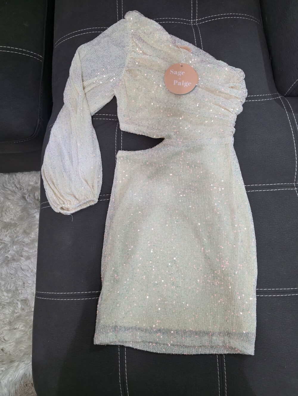 New With Tags! Sage + Paige One-Shoulder Sequin Cutout Mini Dress in Cream